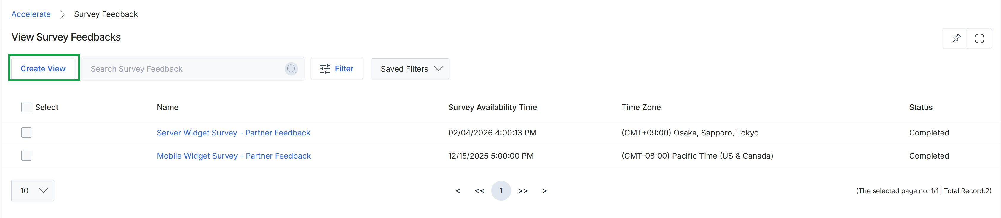 View Survey Feedbacks page