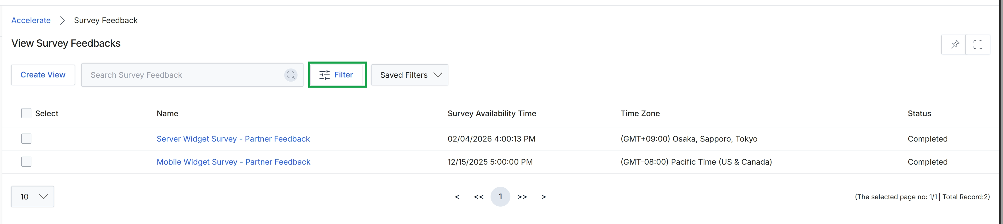 View Survey Feedbacks list page
