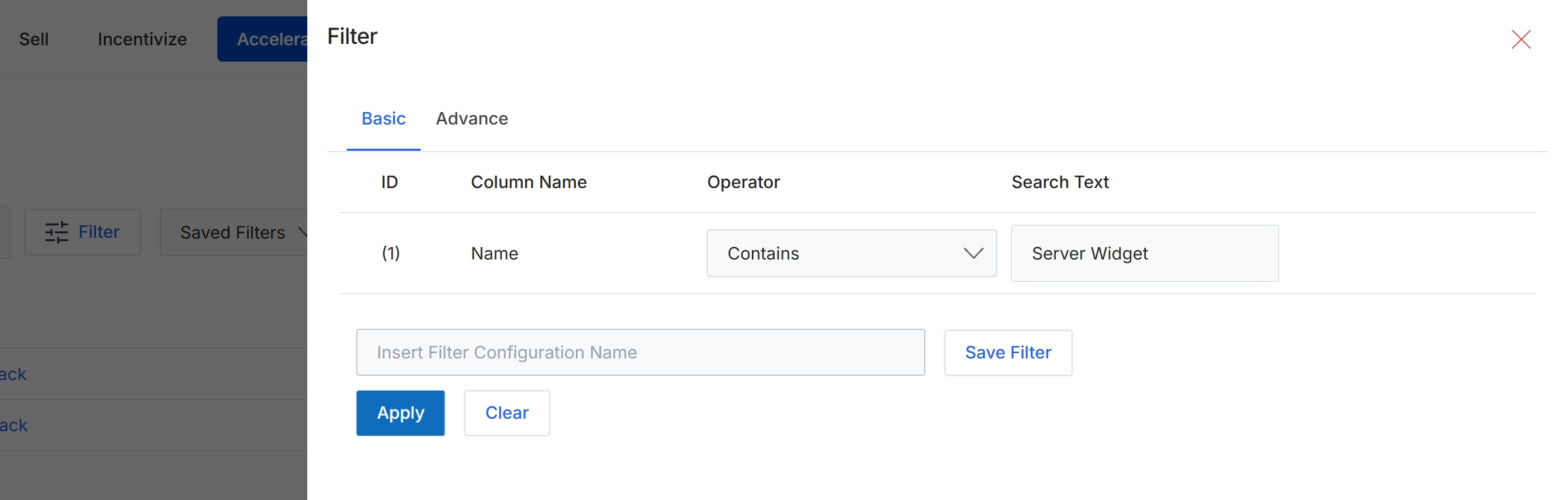 Filter configuration modal