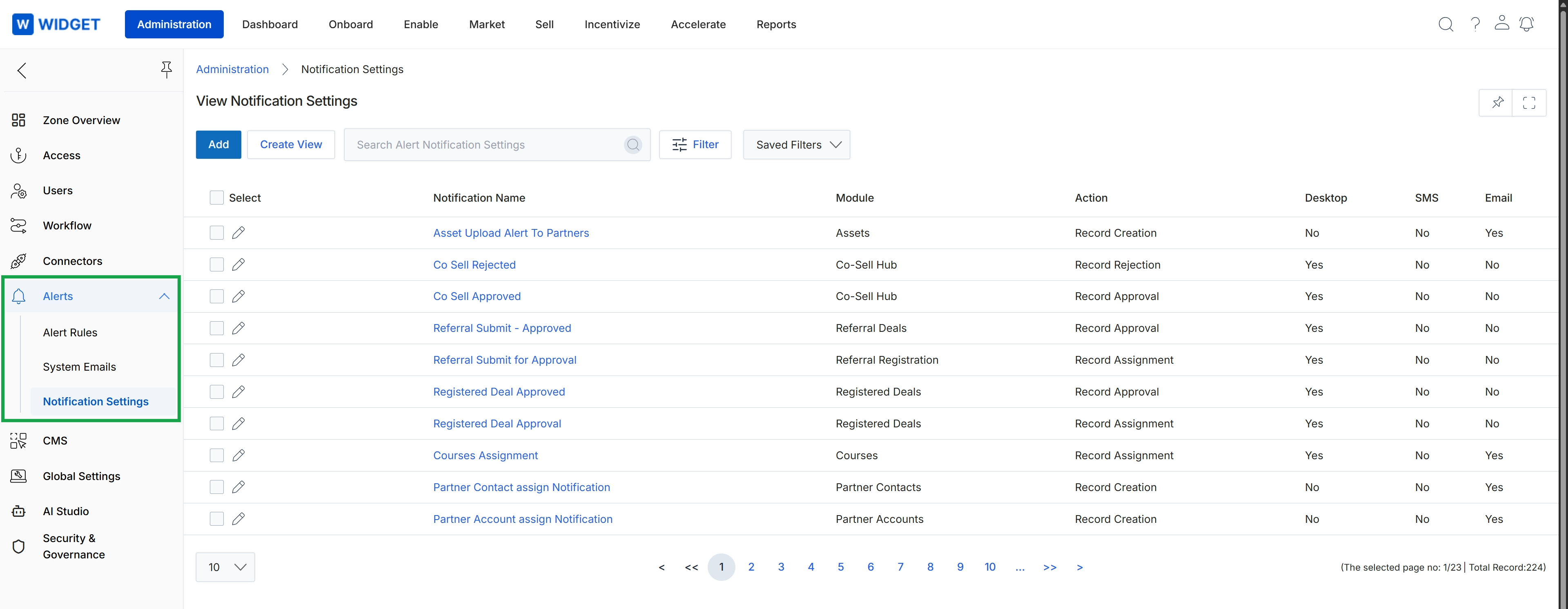 Notification Settings list view