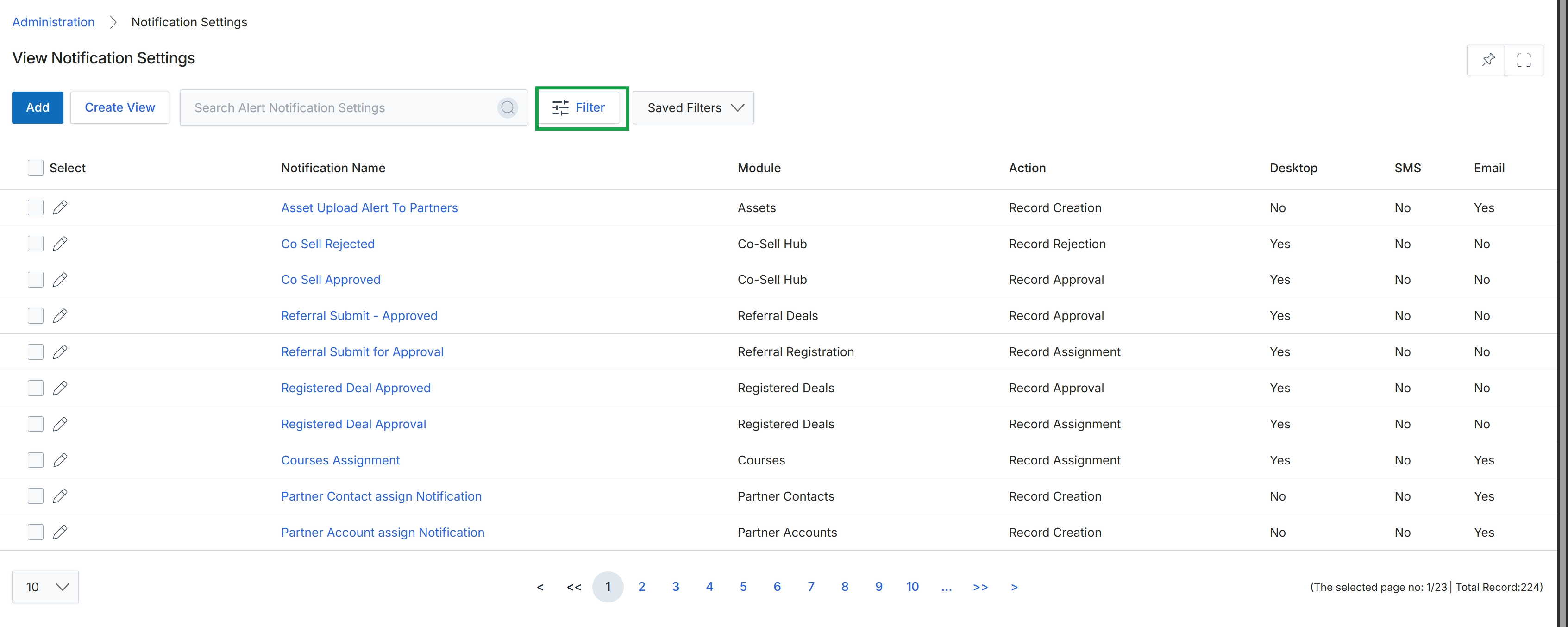 View Notification Settings page with Filter button highlighted