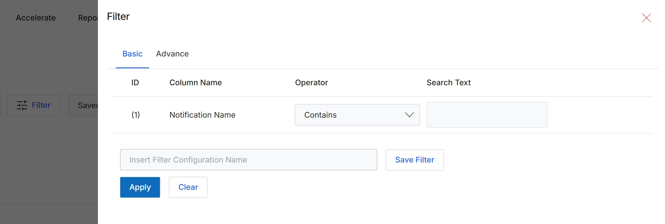 Filter dialog for notification settings