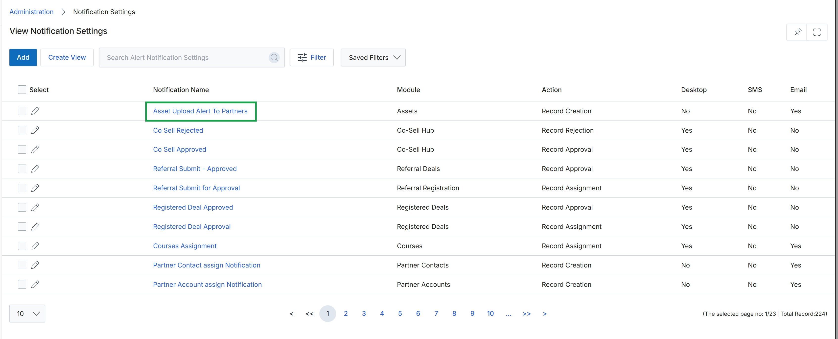 View Notification Settings list