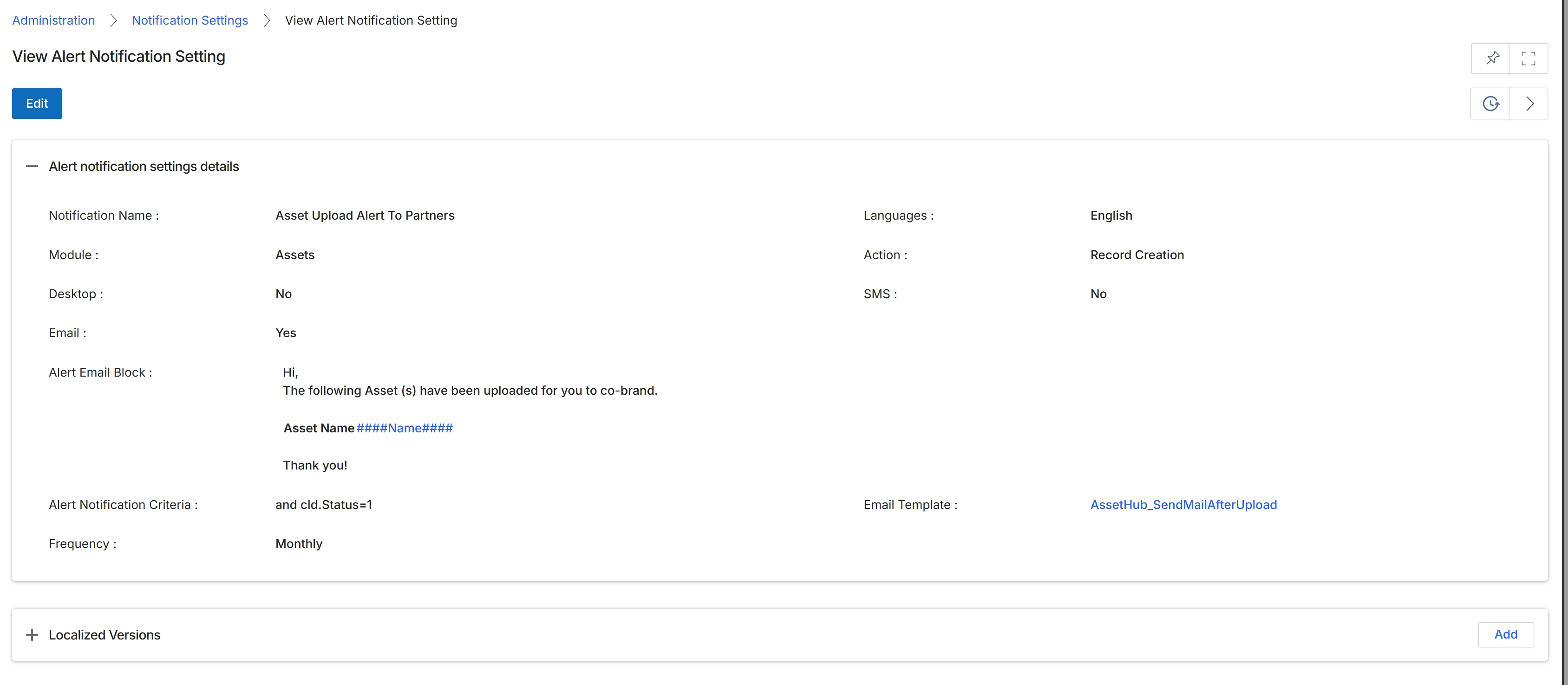 View Alert Notification Setting details