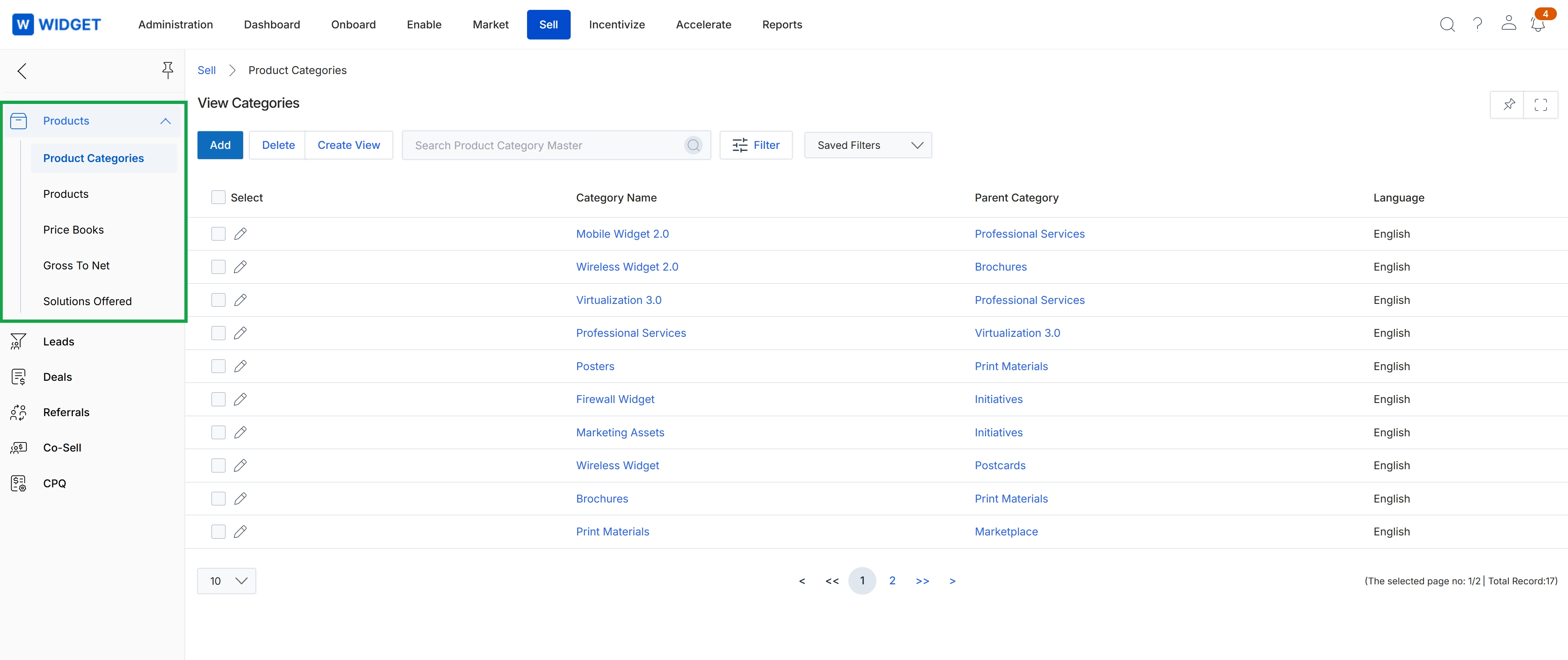 Sell module left navigation with Products menu expanded