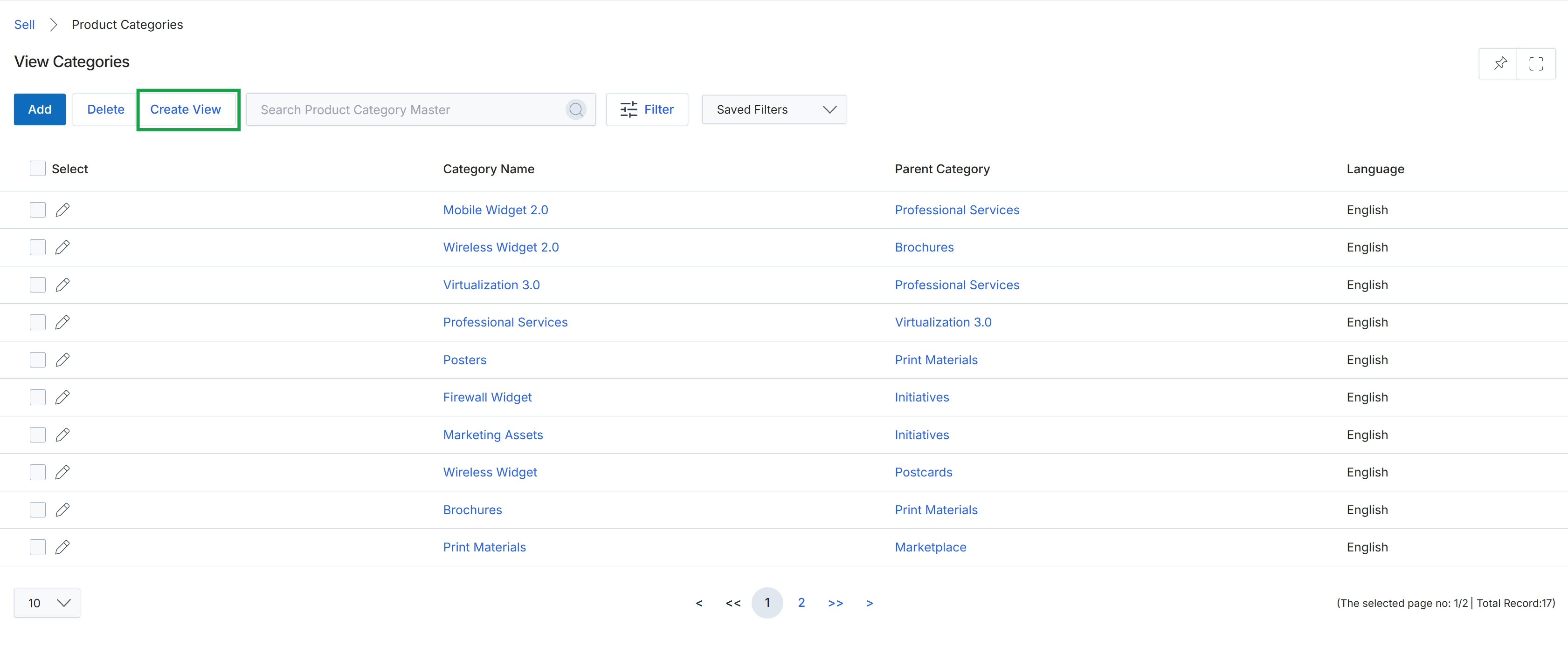 Product Categories list view