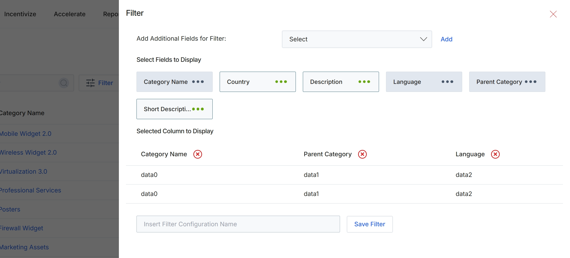 Filter configuration panel for categories