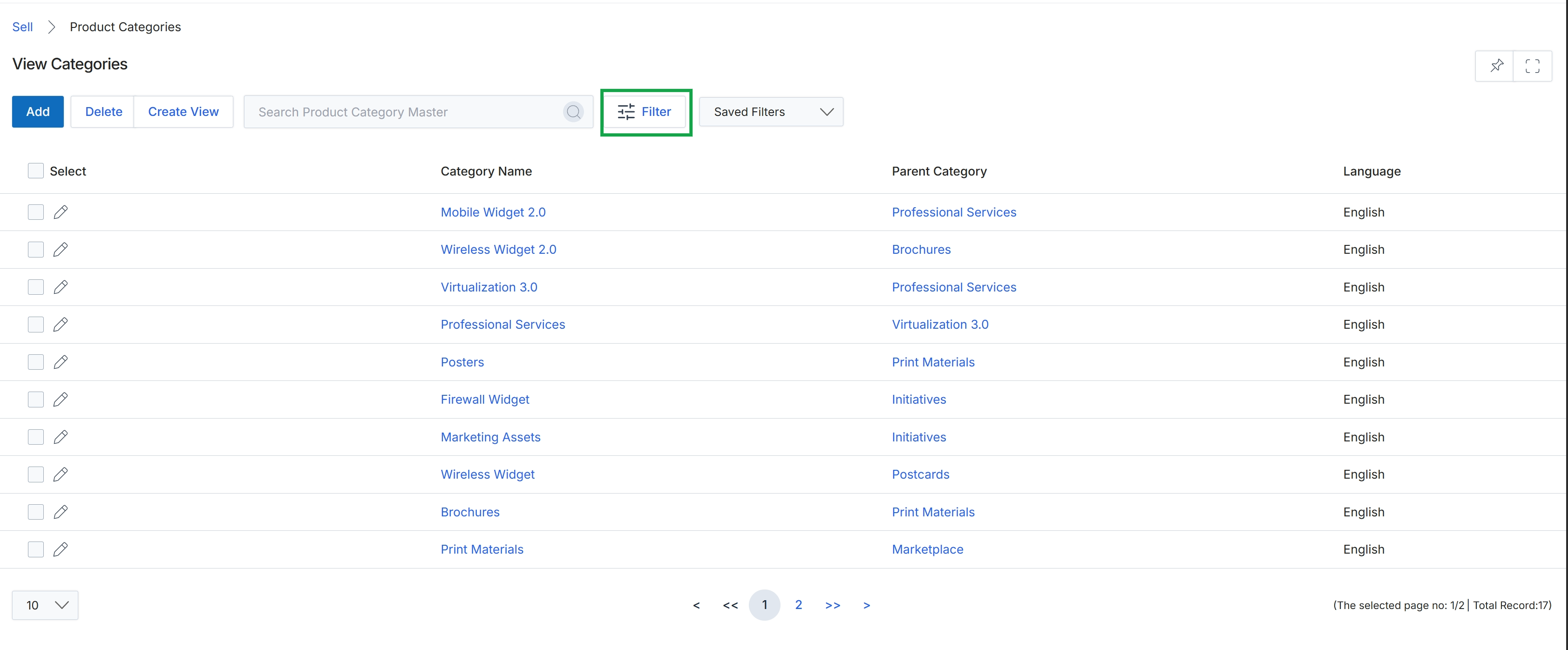 View Categories list with Filter button highlighted