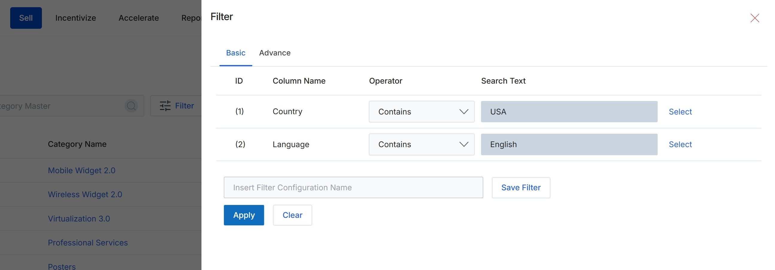 Filter panel for category list