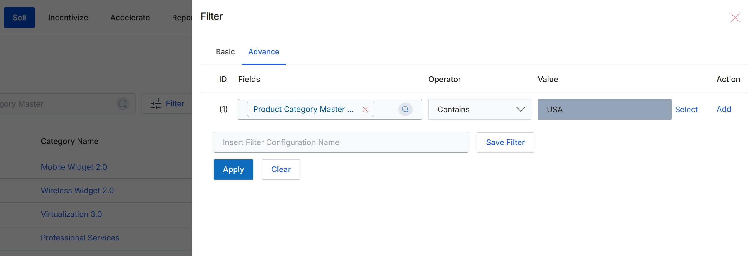 Filter dialog with Advanced tab selected