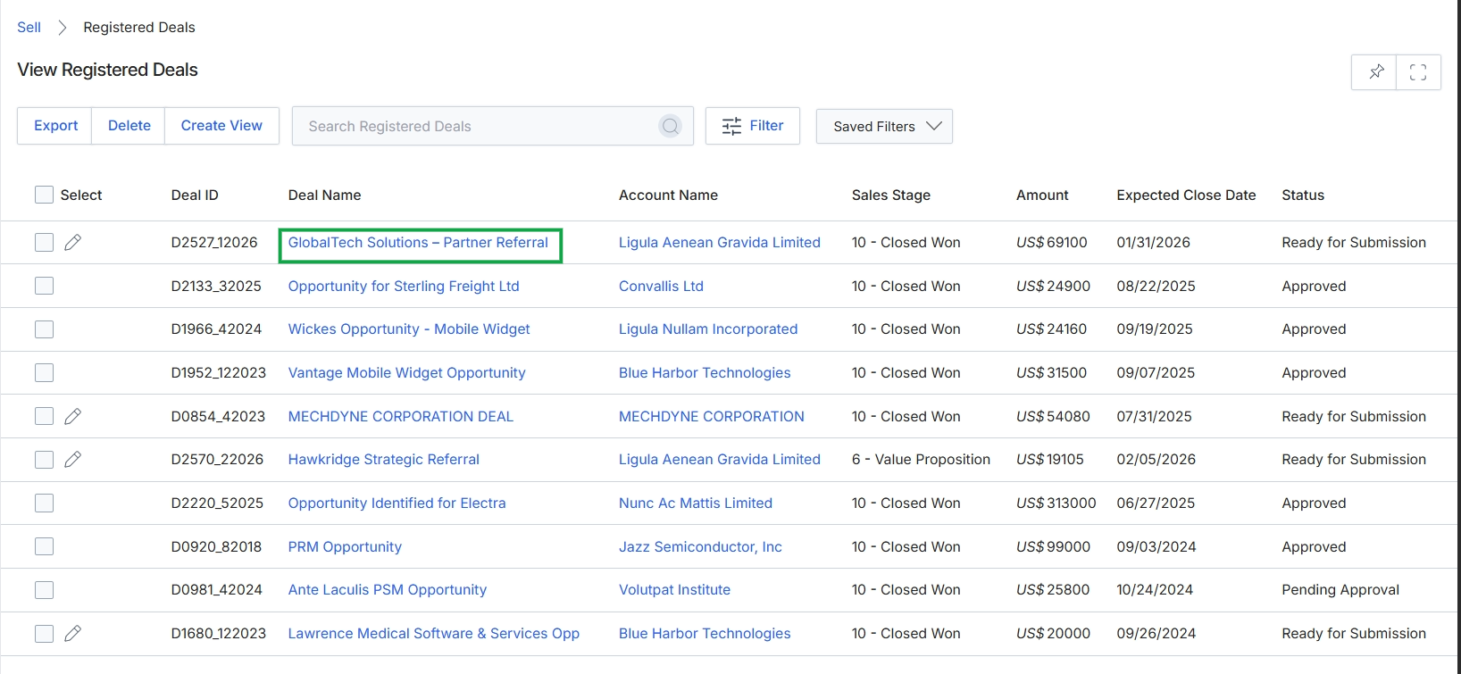 Registered Deals list view