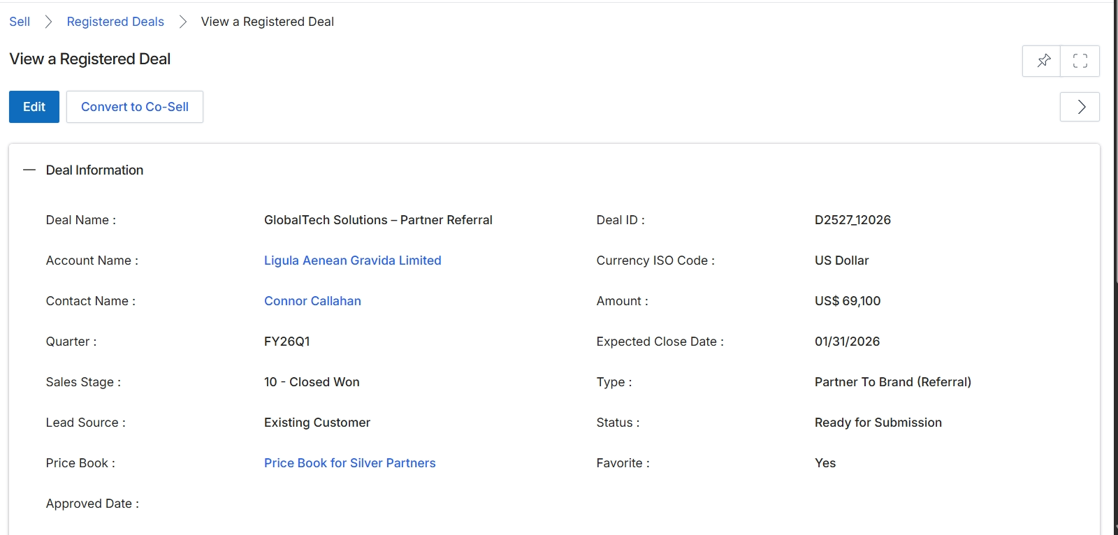 View a Registered Deal details