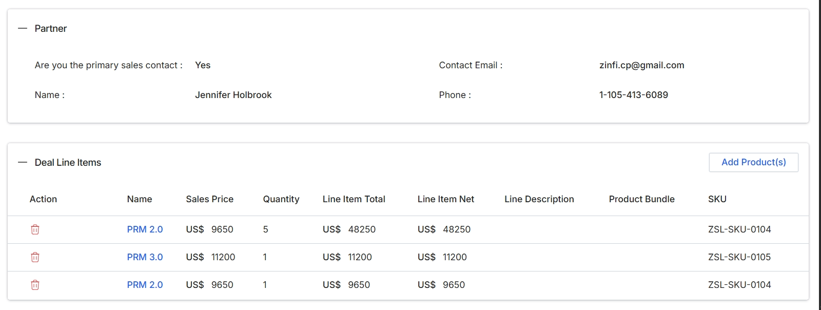 Registered Deal details with partner and line items
