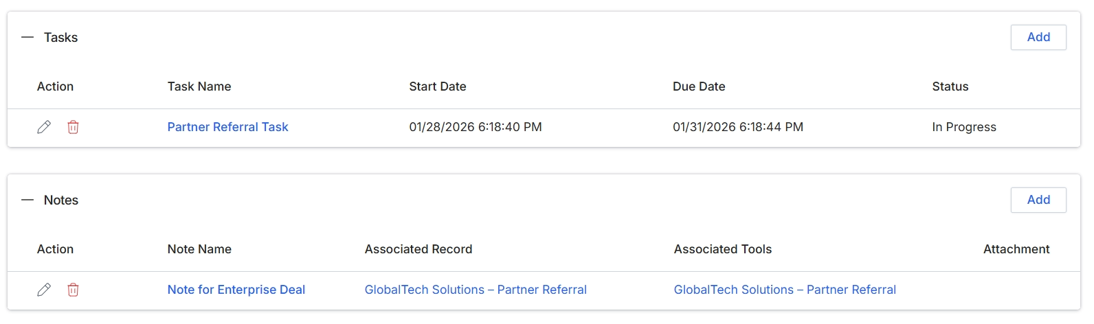 Tasks and Notes for a Registered Deal