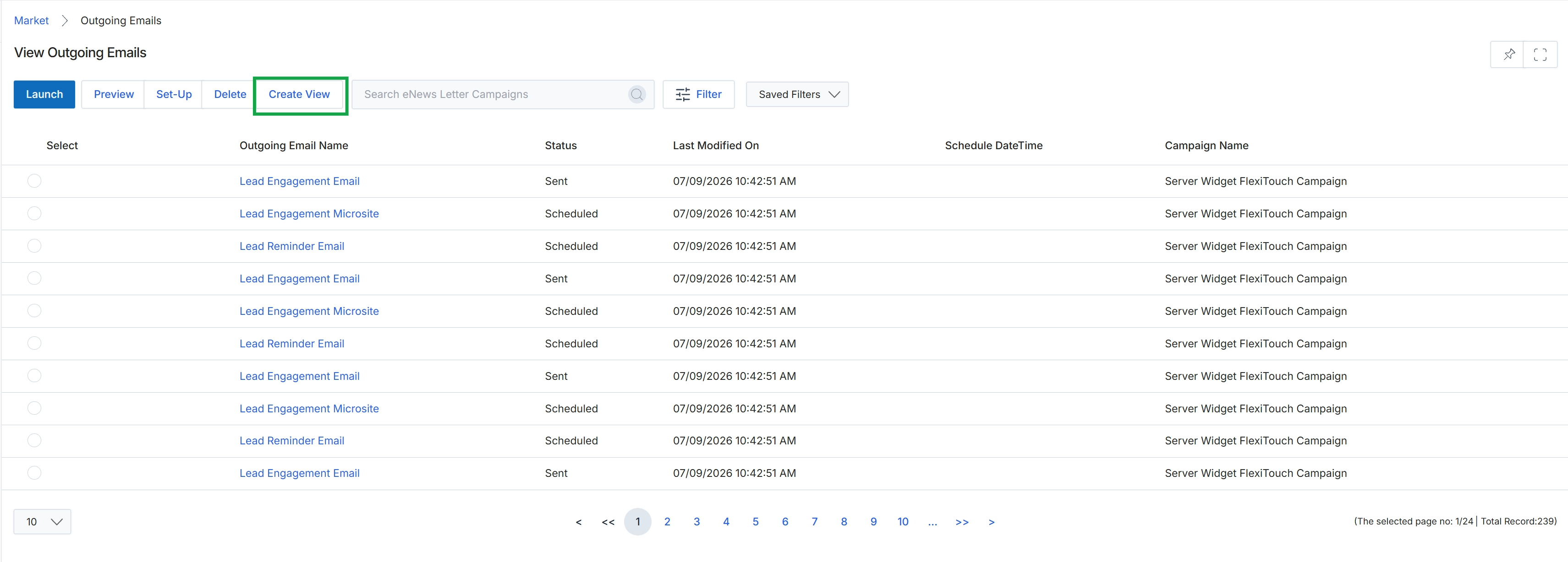 View Outgoing Emails list page