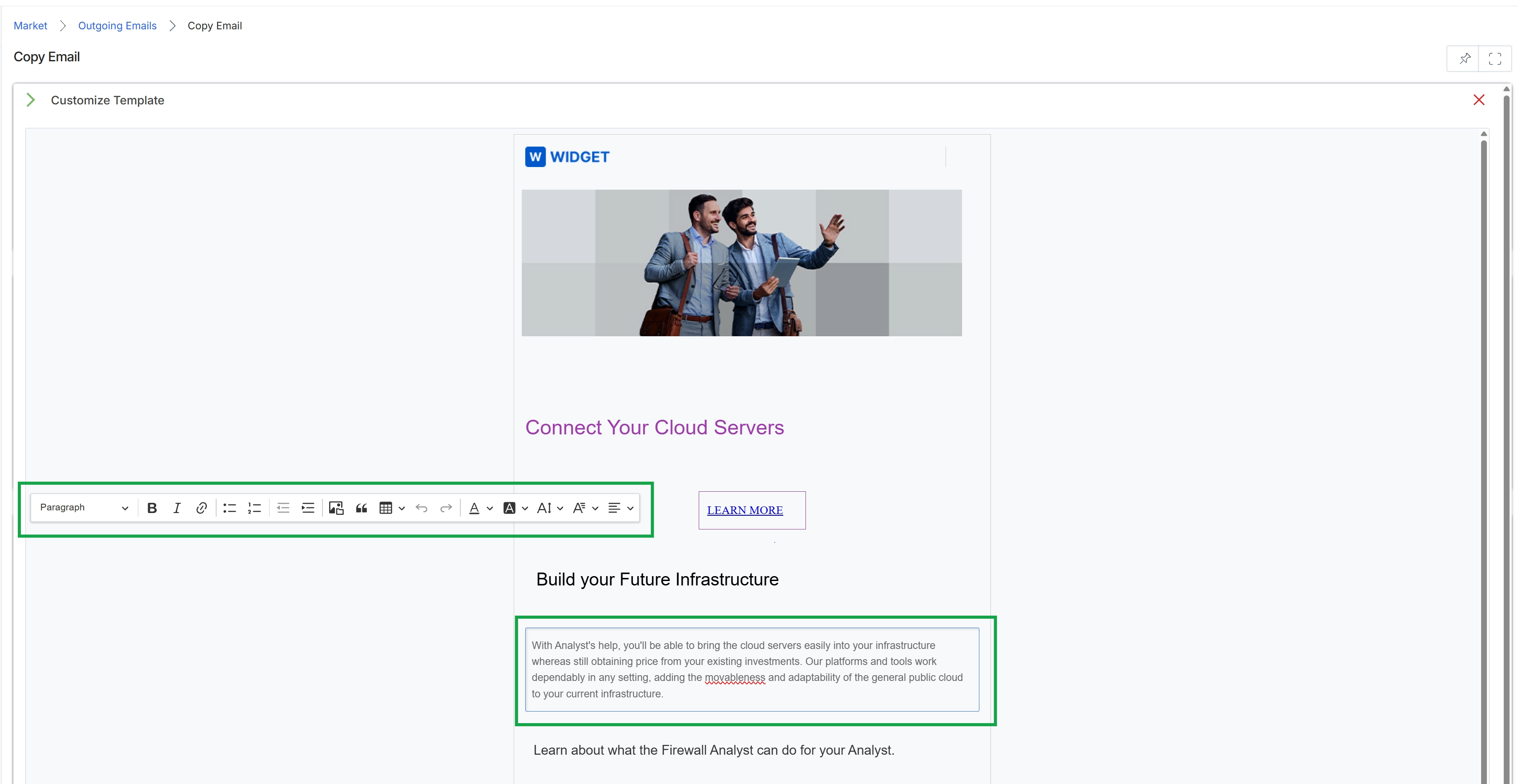 Email template content customization view