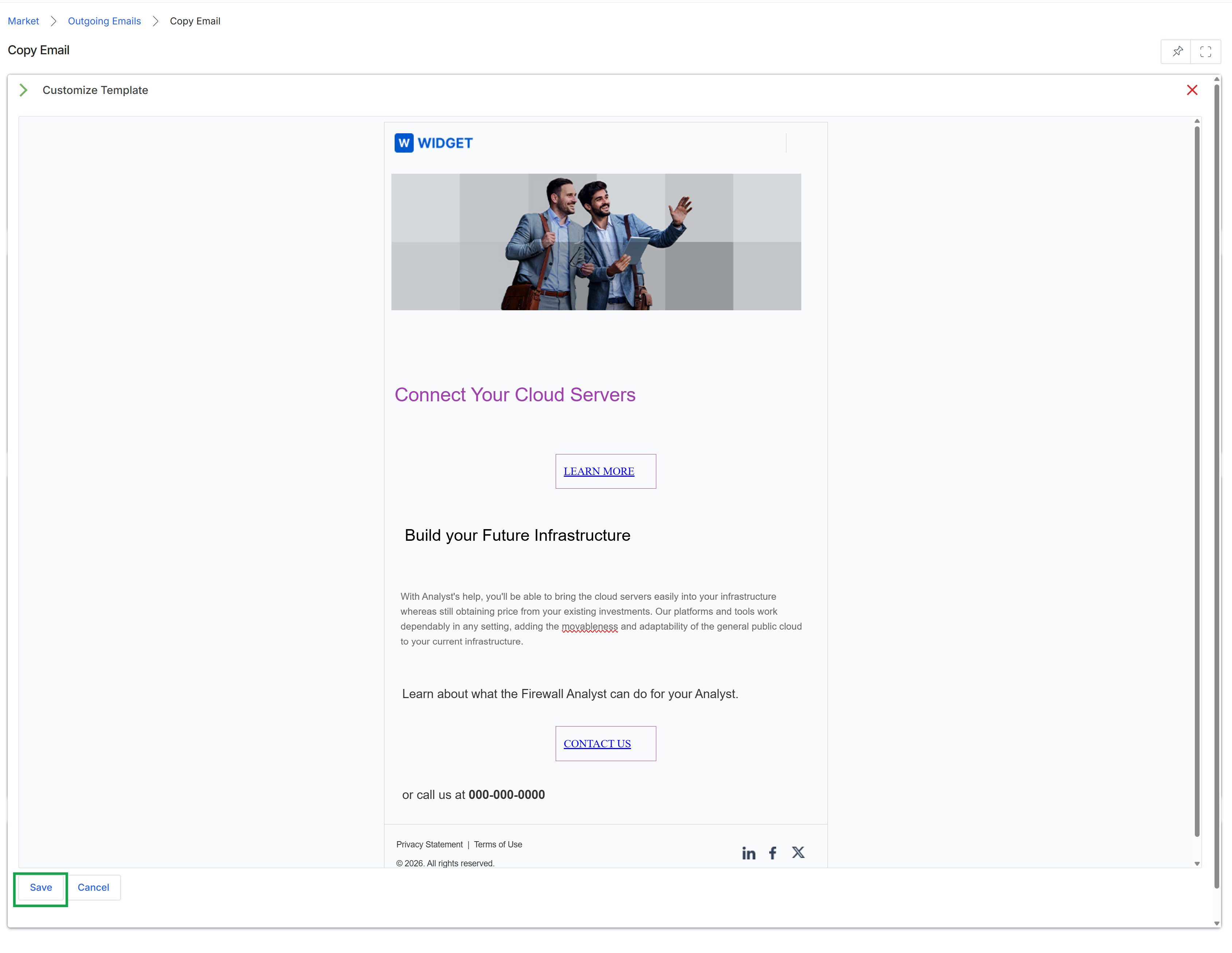 Email template editor with Save button highlighted