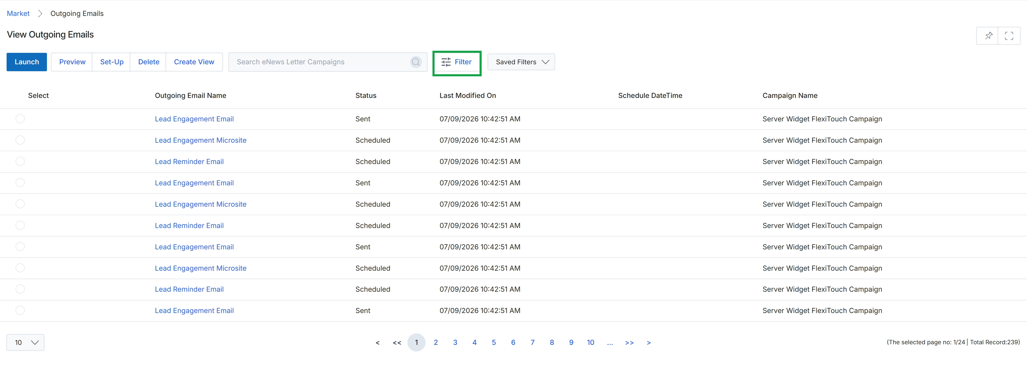Outgoing Emails list view with Filter button highlighted