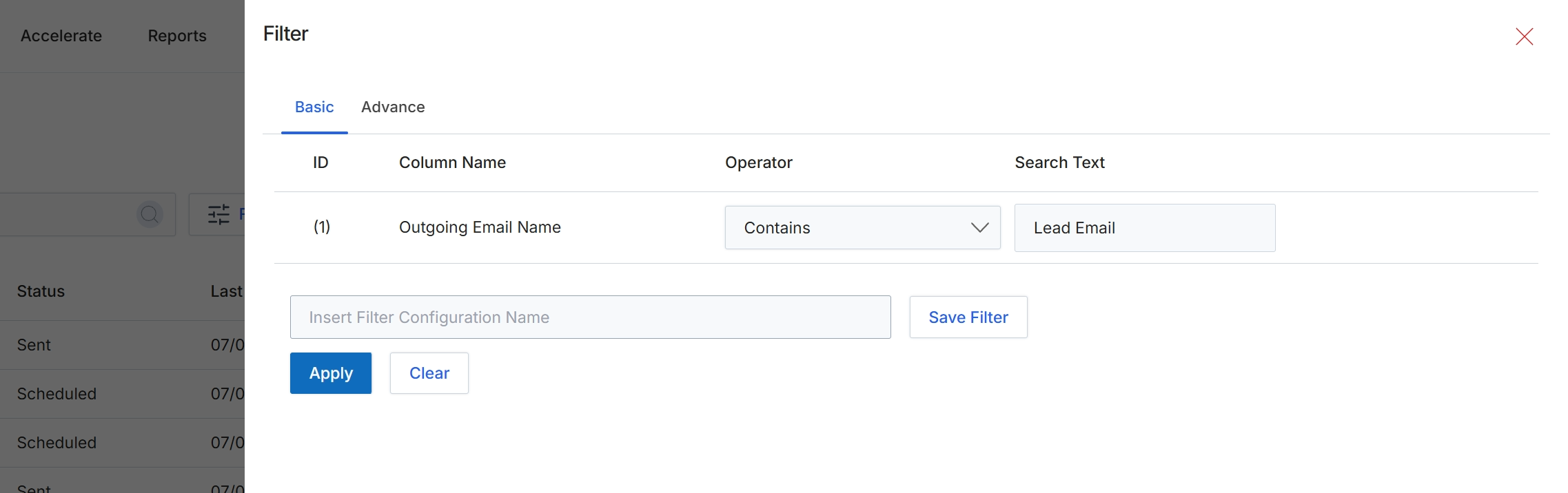 Filter modal window
