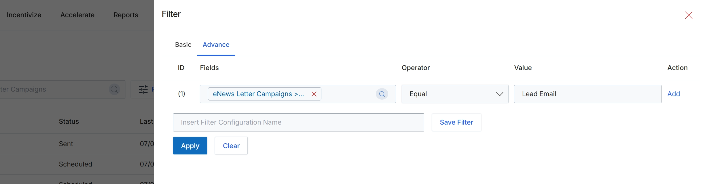 Advanced filter panel for email campaigns
