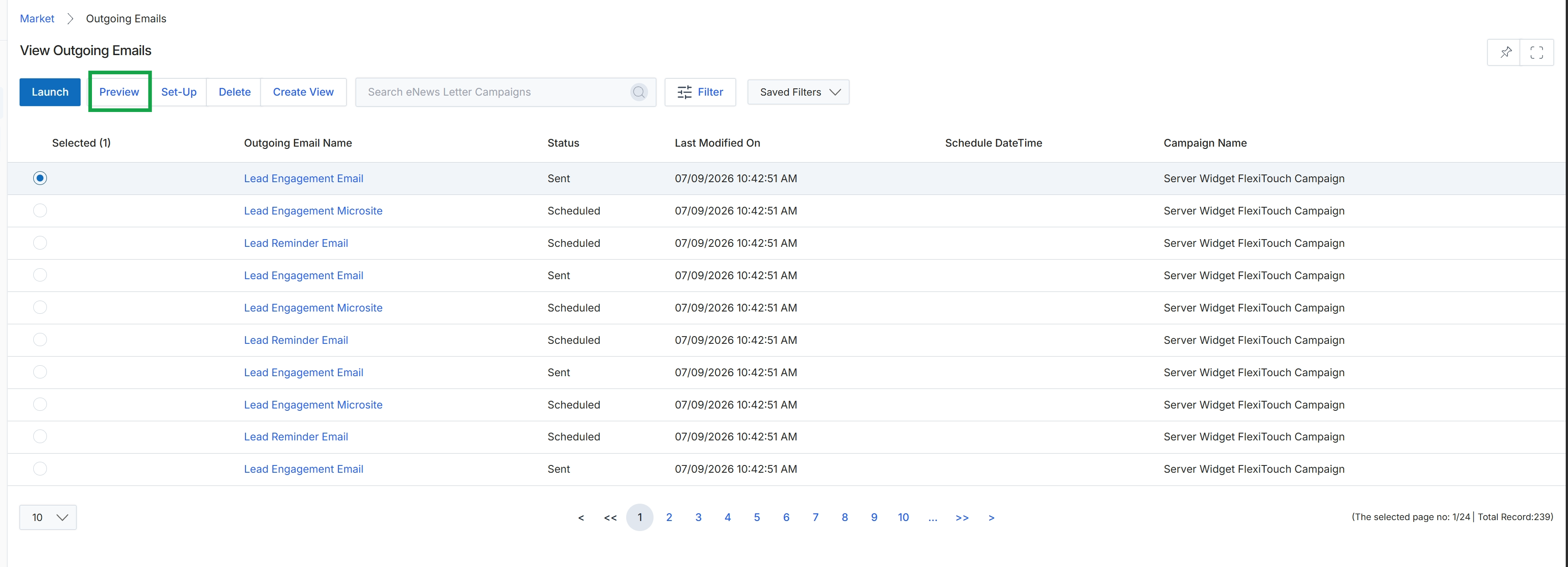 View Outgoing Emails list page