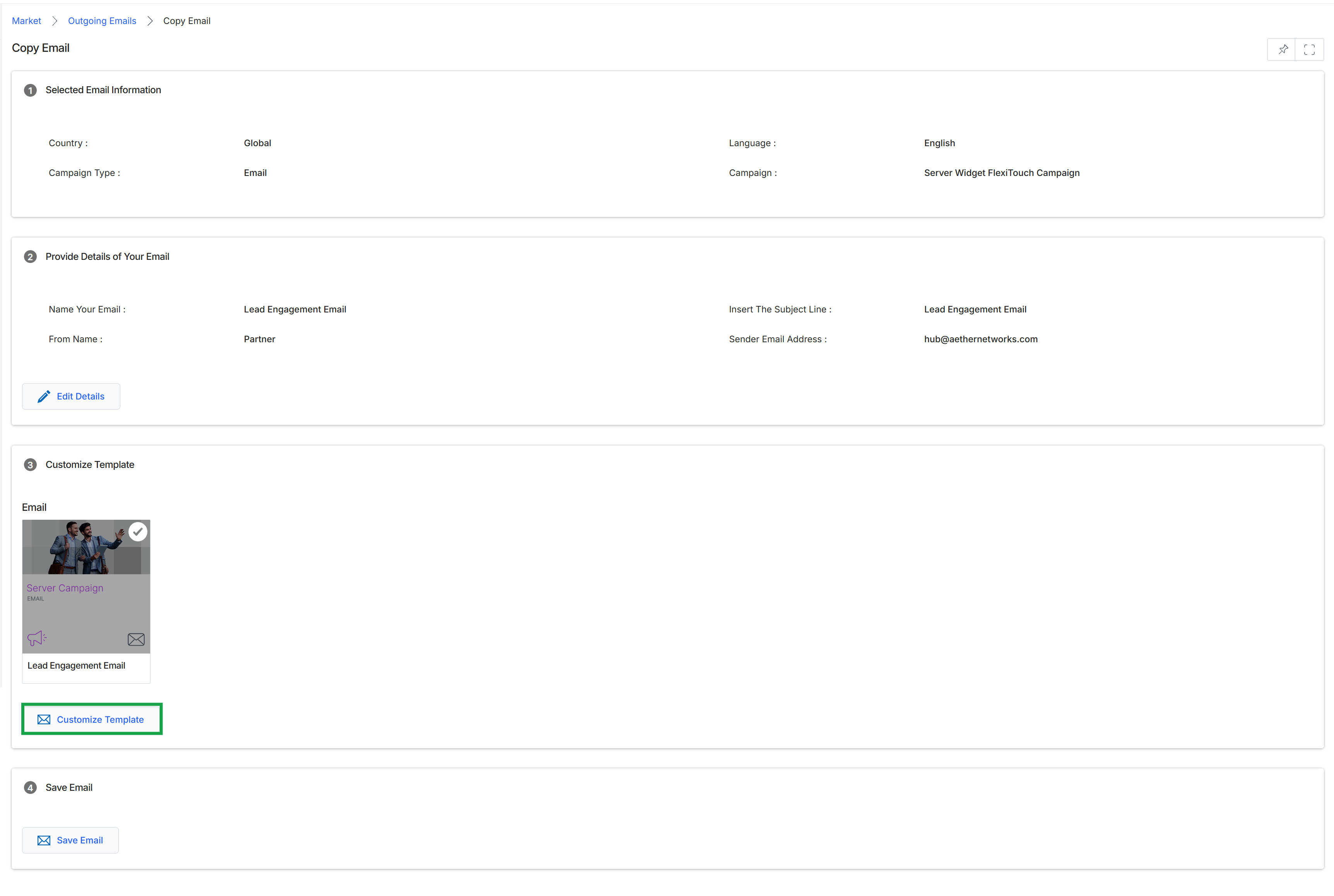 Copy Email screen