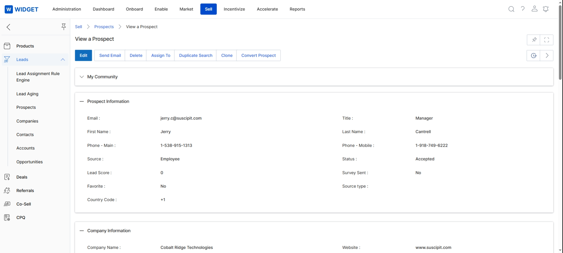 This screen displays the detailed view of a specific prospect record within the Sell module, following selection from the Prospects list. It presents comprehensive information about an individual prospect, including their contact details, lead source, and status, as well as associated company information. This view allows administrators to examine all relevant data points for a single prospect, which is crucial for understanding their background and managing their progression through the sales pipeline.