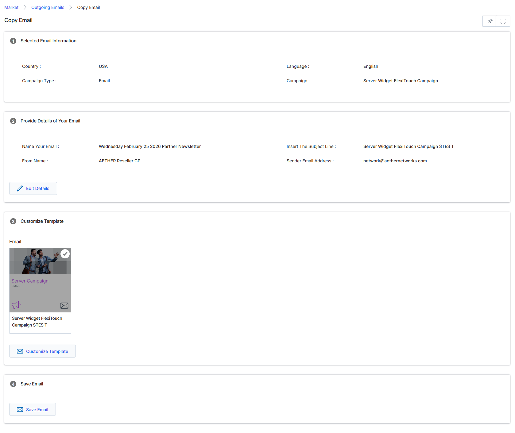 The Copy Email screen allows users to duplicate an existing email campaign, providing a starting point for new campaigns based on previously configured and sent emails. This feature is particularly useful for recurring communications like newsletters or event invitations, where the core structure and branding remain consistent but specific content or scheduling needs to be updated. By copying an email, users can leverage existing designs and settings, reducing the effort required to create new email campaigns from scratch. The screen displays the selected email's general information, details that can be customized for the new copy, and a preview of the email template.