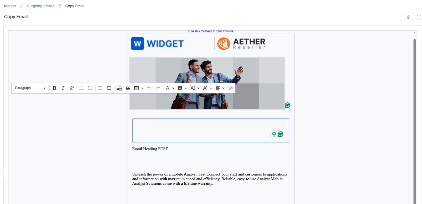 This screen displays the email editor interface, allowing users to customize an email template. It shows a visual representation of the email content, including a header with branding, an image, and editable text areas. This interface enables partners to tailor pre-approved email templates for their specific campaigns, adhering to vendor-defined customization boundaries while preparing to send an email campaign as part of the Market module's workflow.