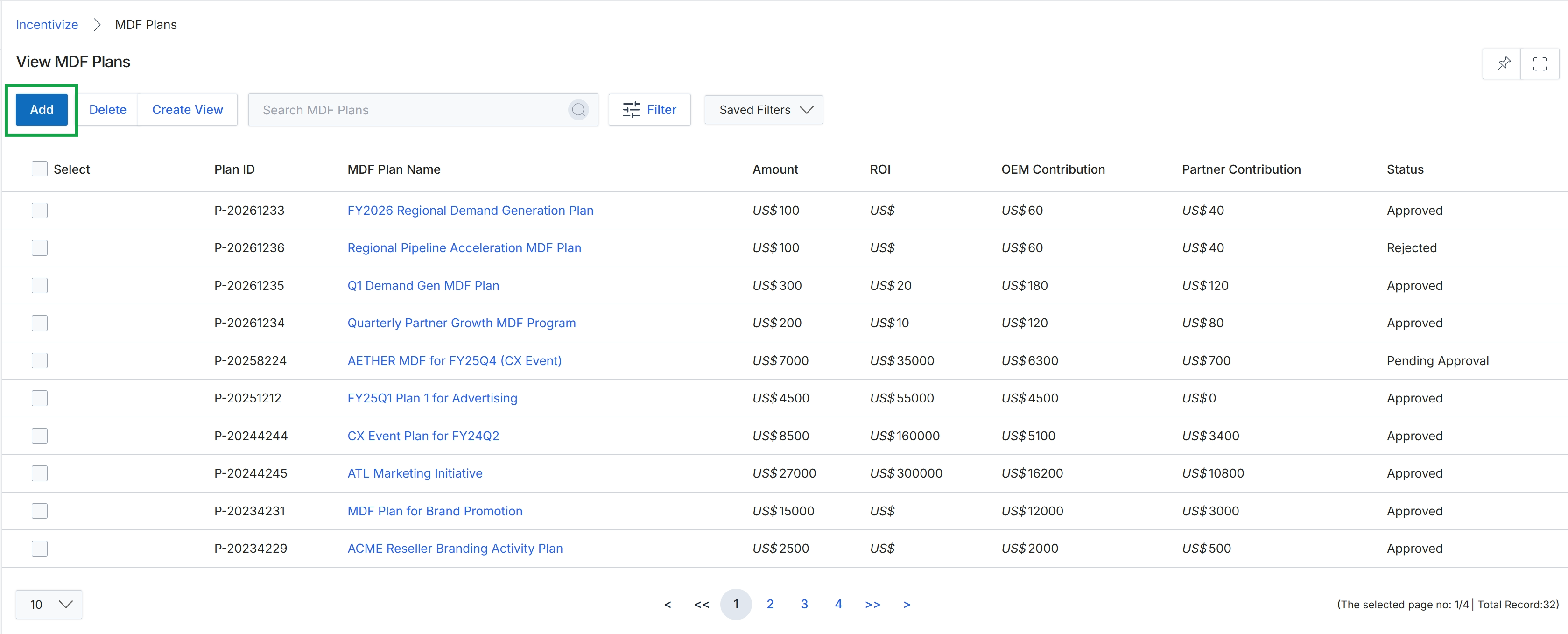 MDF Plans list view