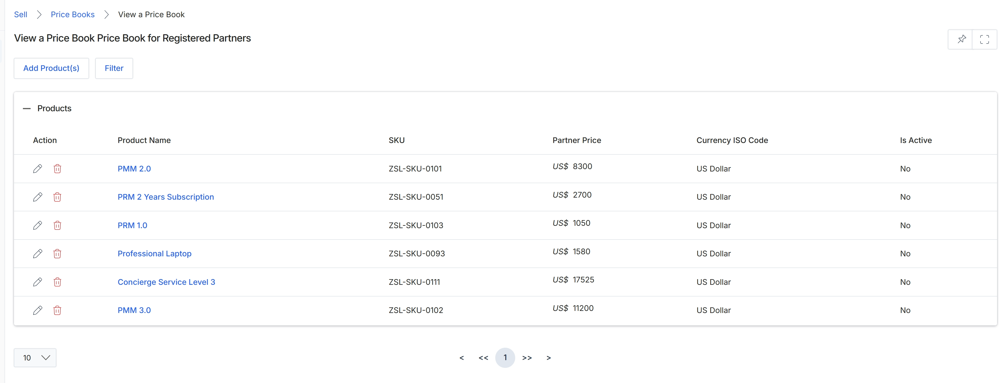 Price Book product listing