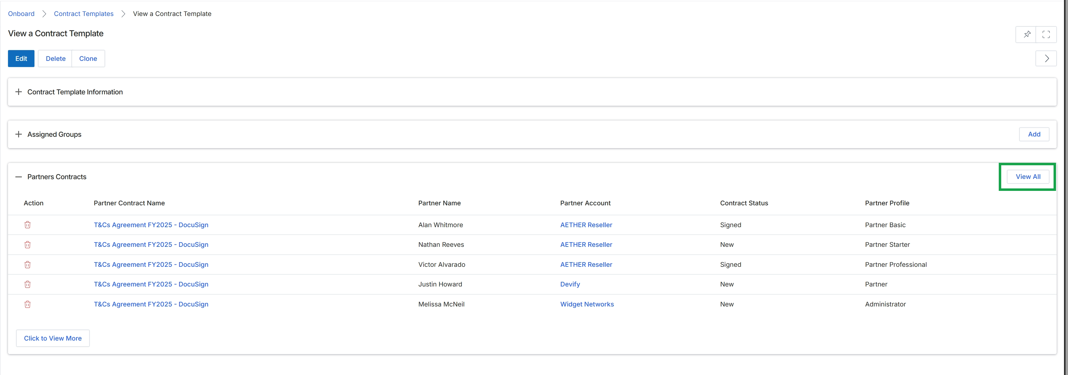 View a Contract Template page