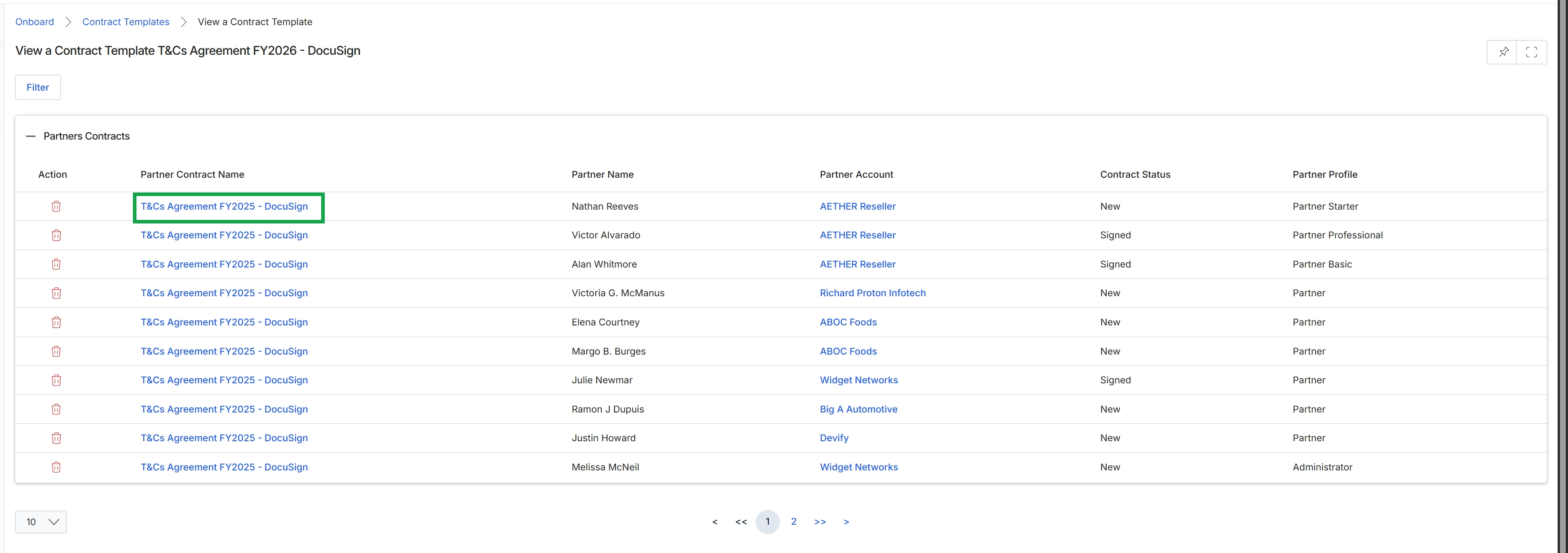 Contract template associated partner contracts list
