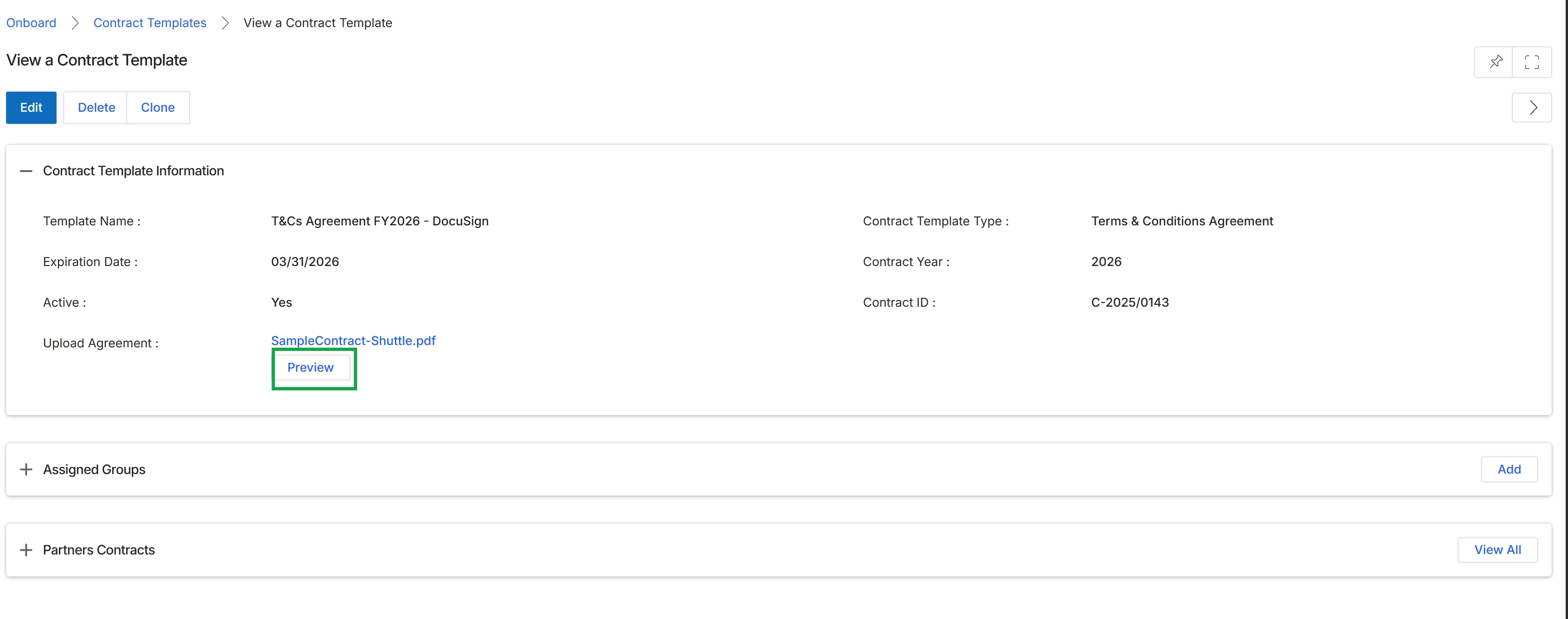 View Contract Template Details