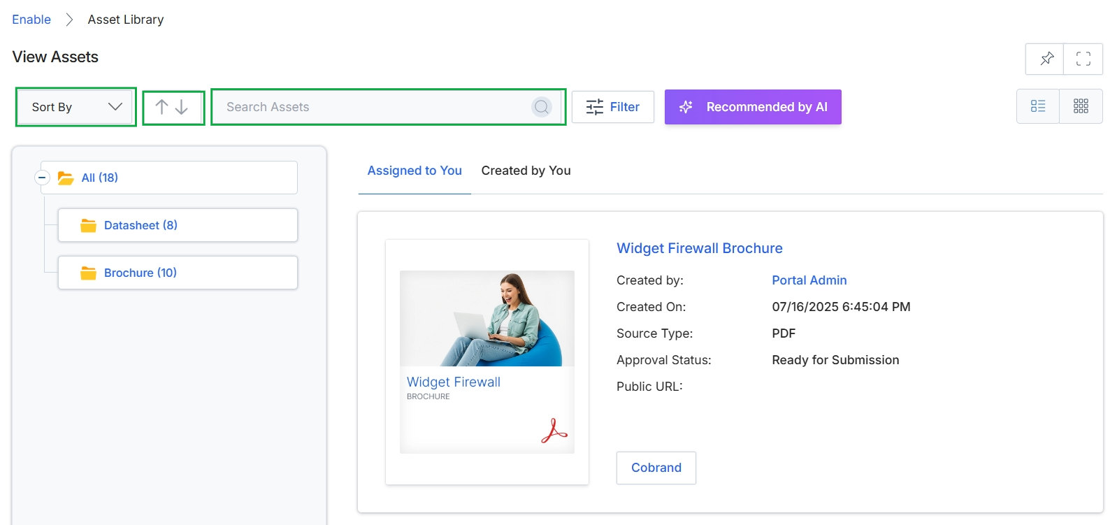 Asset Library view with search and sort options