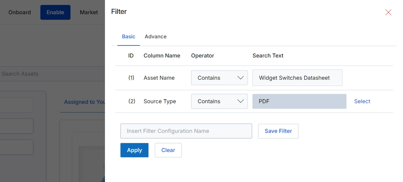 Filter assets dialog