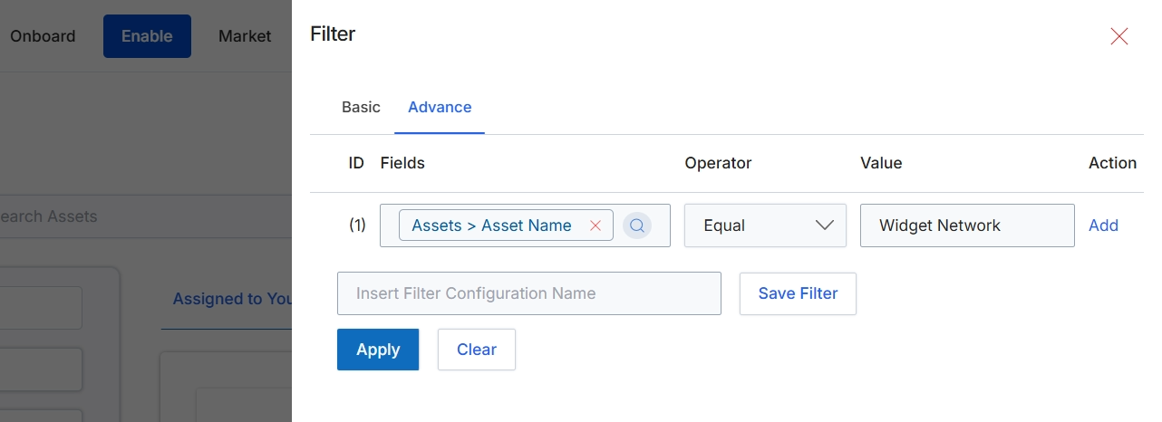 Advanced filter configuration for assets