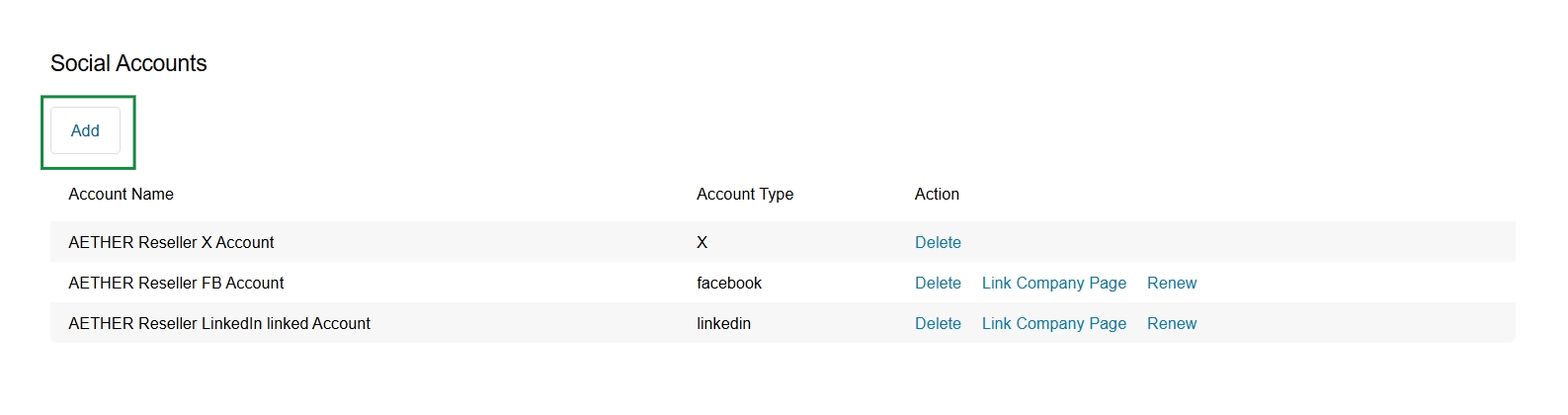 Social Accounts list view