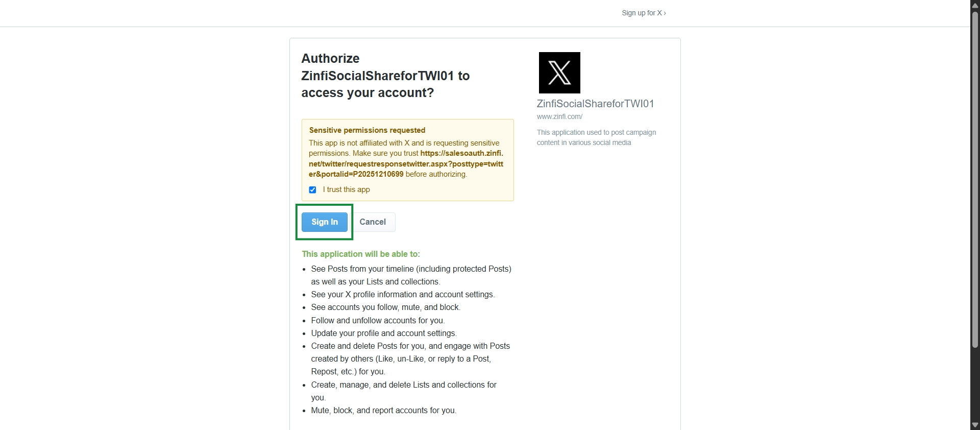 Social media account authorization request