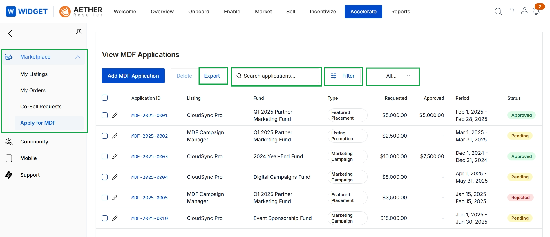 MDF applications list view
