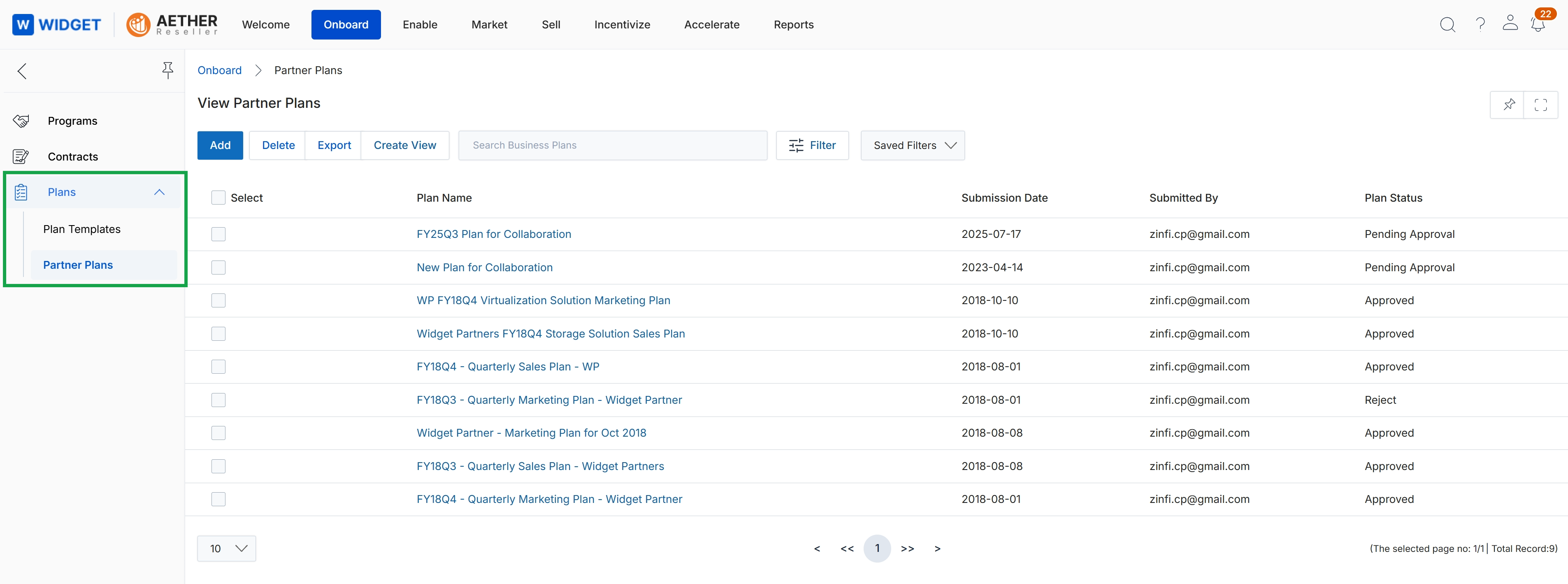 Partner Plans list view