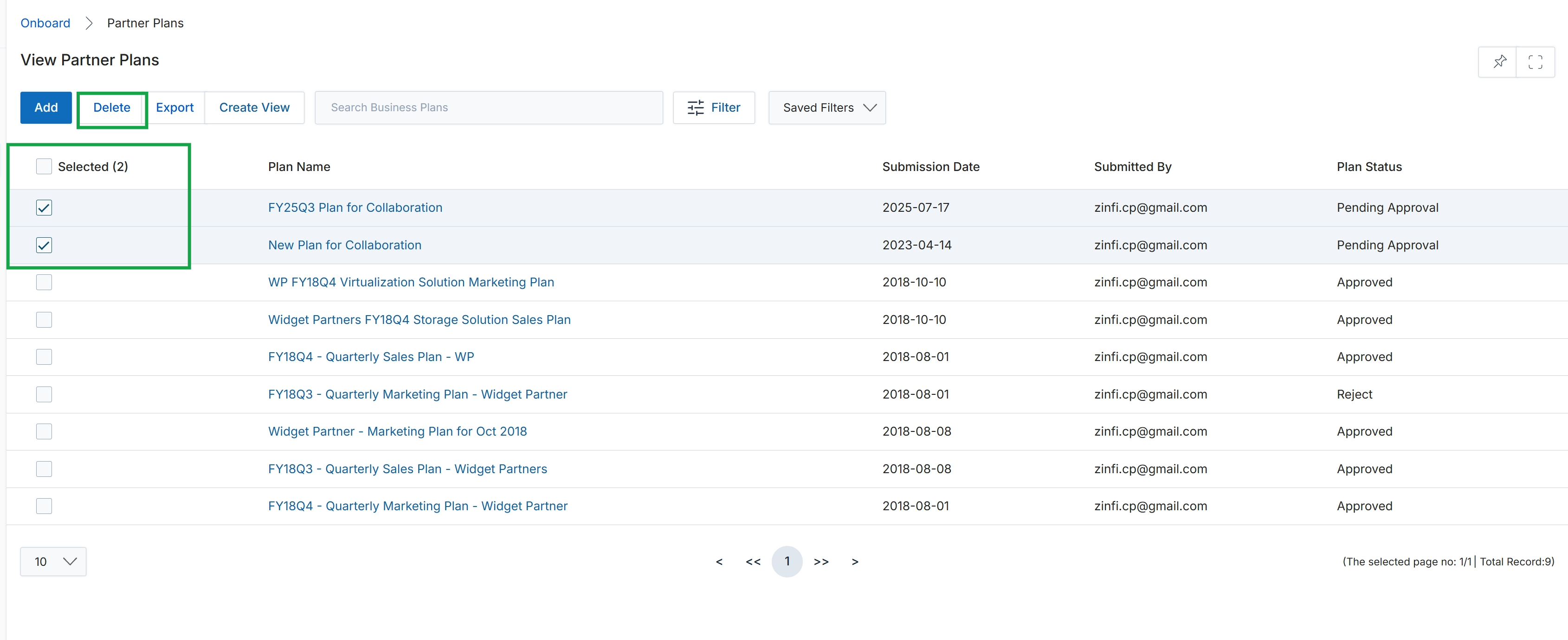 Partner Plans list with selected checkboxes
