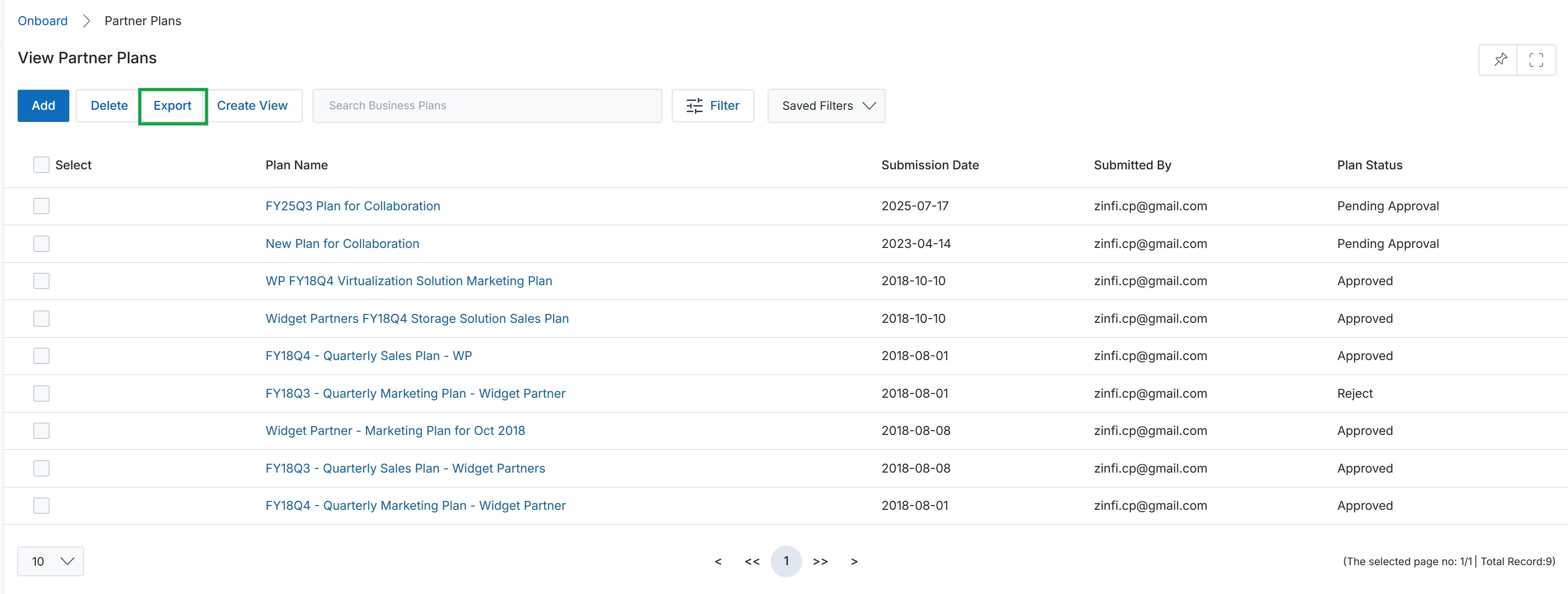 View Partner Plans list with Export button highlighted