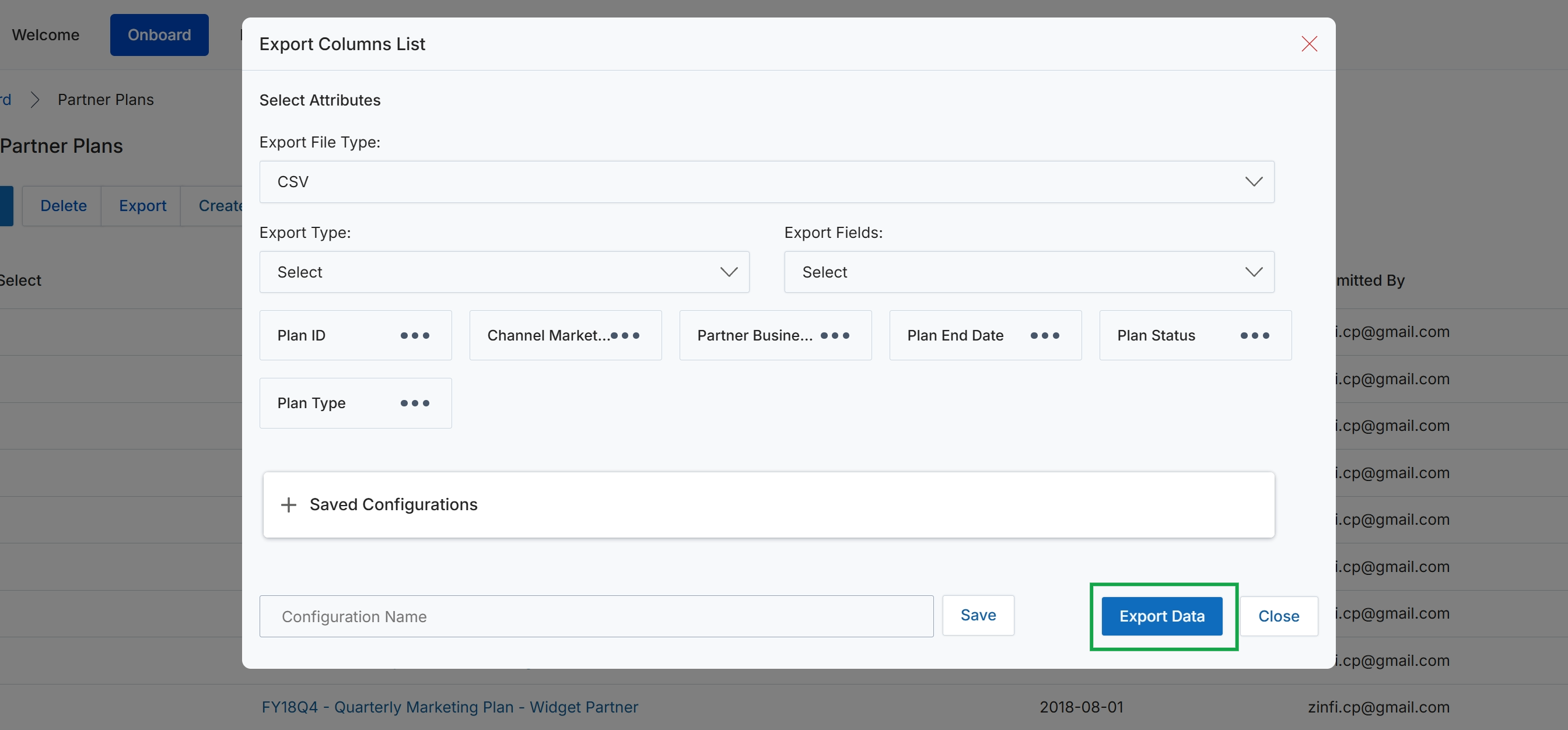 Export Columns List modal