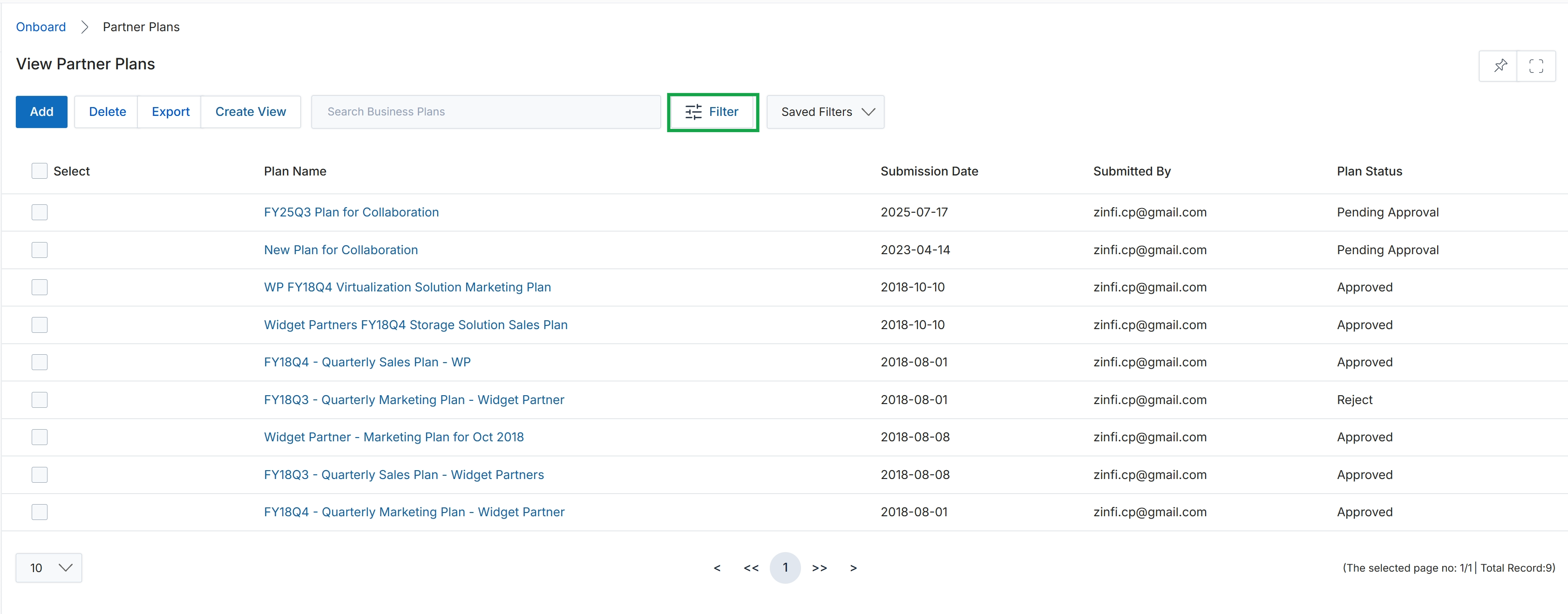 View Partner Plans list page