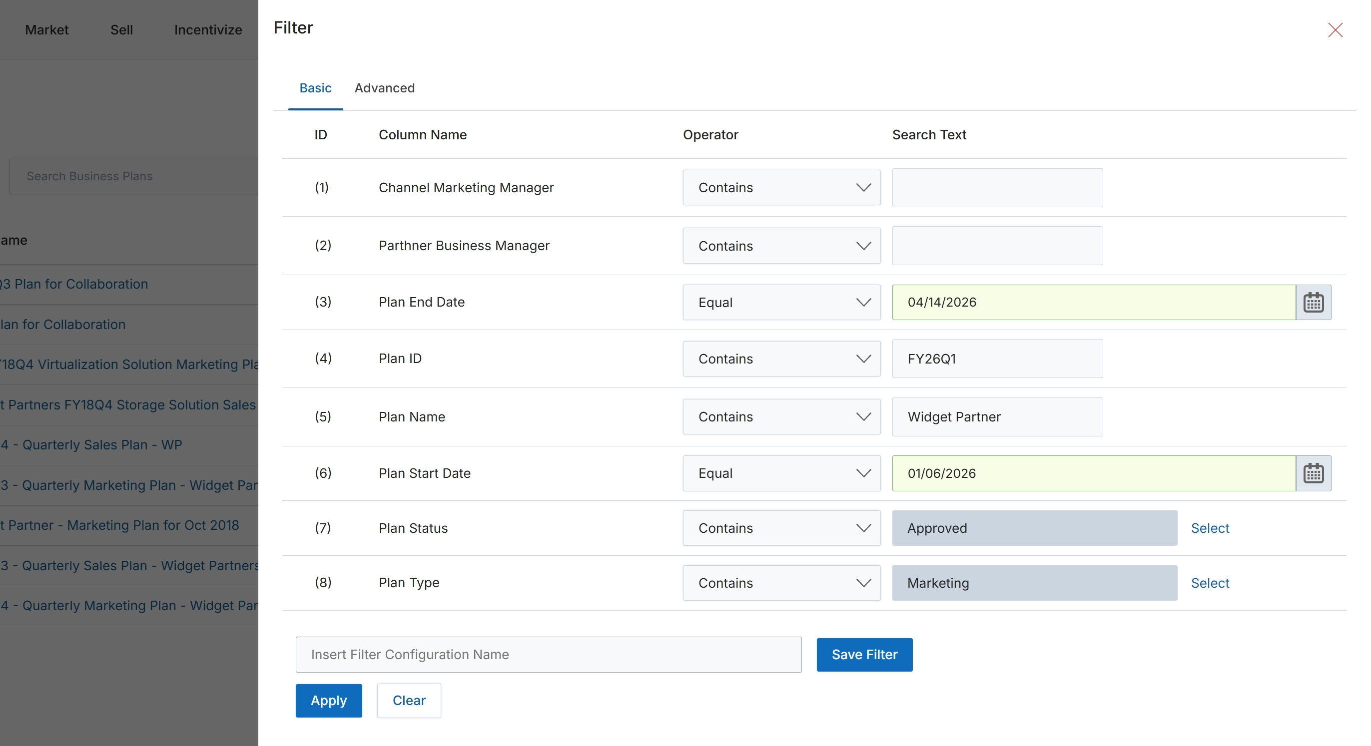 Filter panel for Partner Business Plans