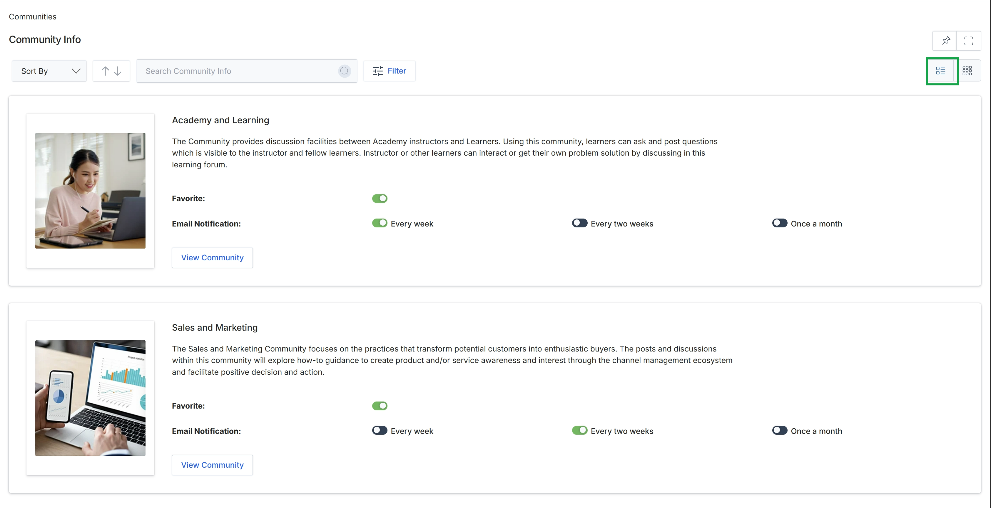 Community Info list view options