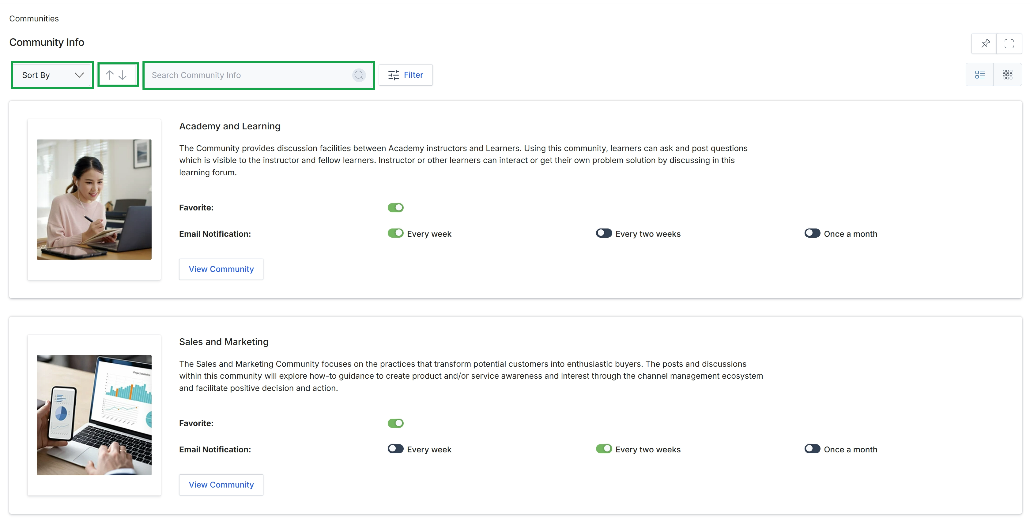 Community listing with search and sort options