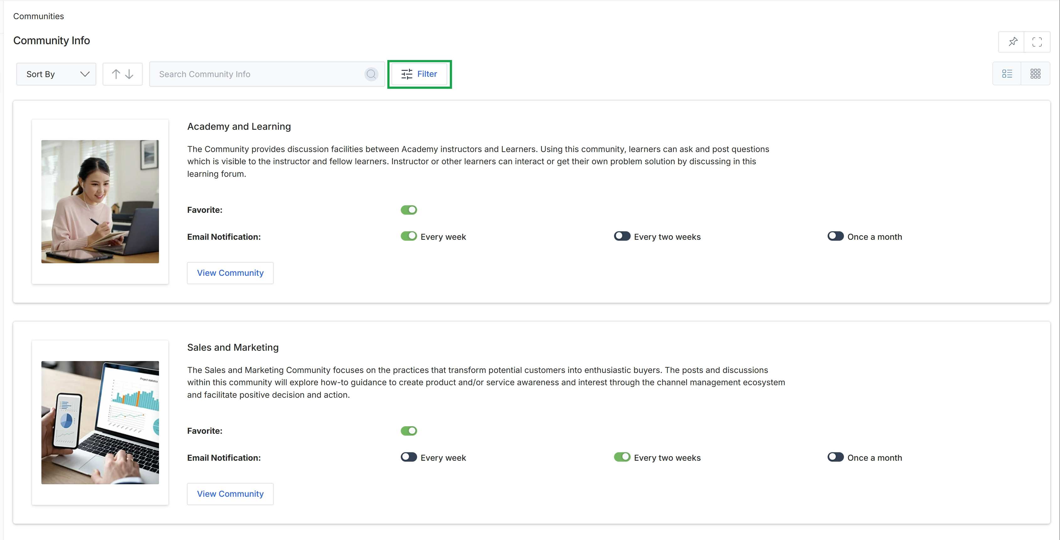 Community Info search and filter options