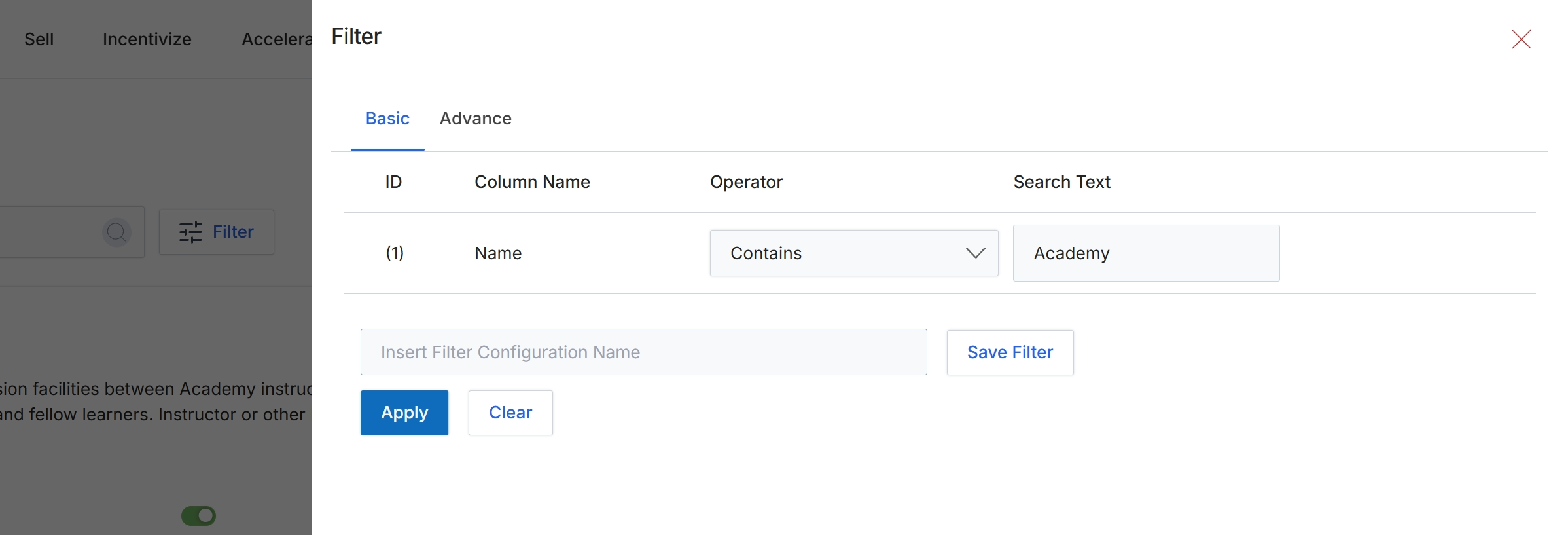 Filter dialog